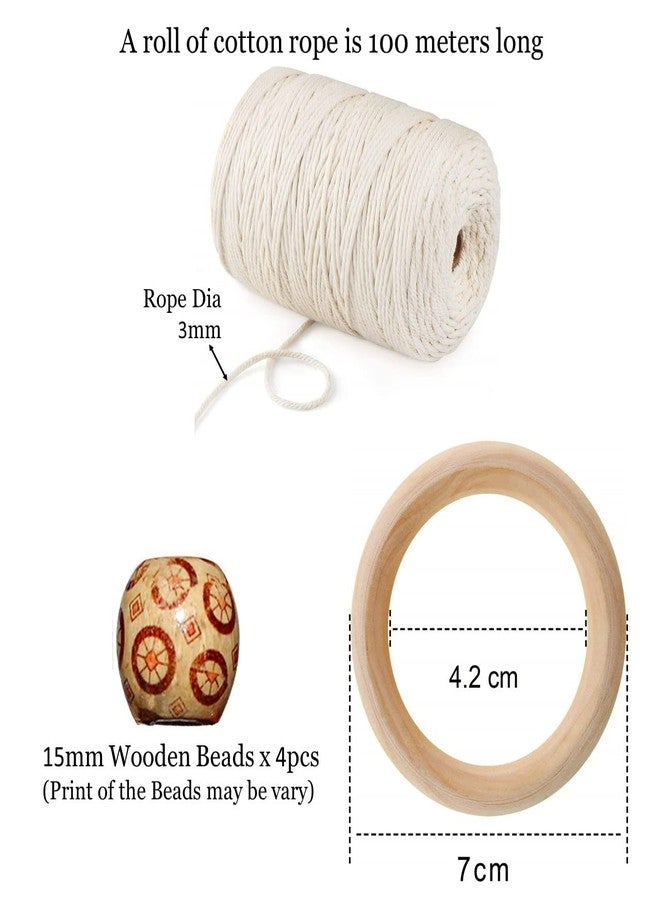 ecofynd Easy Cotton DIY Kit for Plant Hanger | 100 Meter Rope, 3" Wooden Ring (1 Pcs), 15 mm Printed Beads (4 Pcs) Combo Packs for DIY Adult Beginners (KIT004) - Image 2
